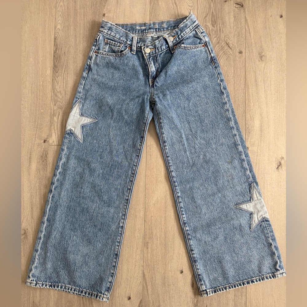 Old Navy High Rise Super Baggy Wide Leg Star Patchwork Girls Jeans size 10